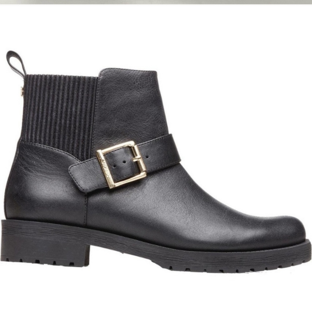 VIONIC  Mara Black Leather Moto Ankle Boot Bootie Size 9